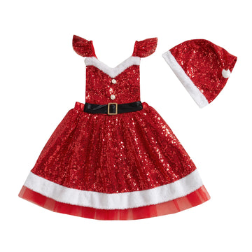 MQTIME  -  3 Colors Lovely Kids Girls Christmas Dress Outfit Sleeveless Backless Sequined Patchwork Slip Dress with Hat
